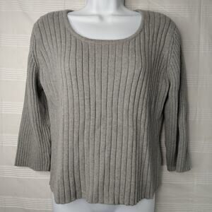J.Jill Pull Over Ribbed‎ Sweater 3/4 Sleeve Gray Large 100% Cotton